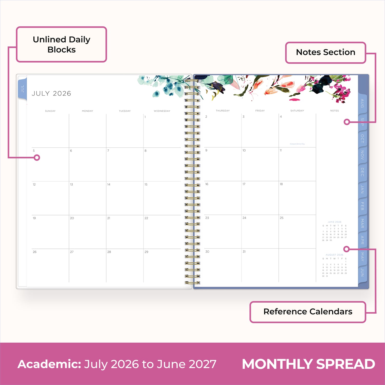 student planner has a monthly spread featuring ample writing space, daily blocks, notes section, reference calenadrs, and enough room for plannig the school year
