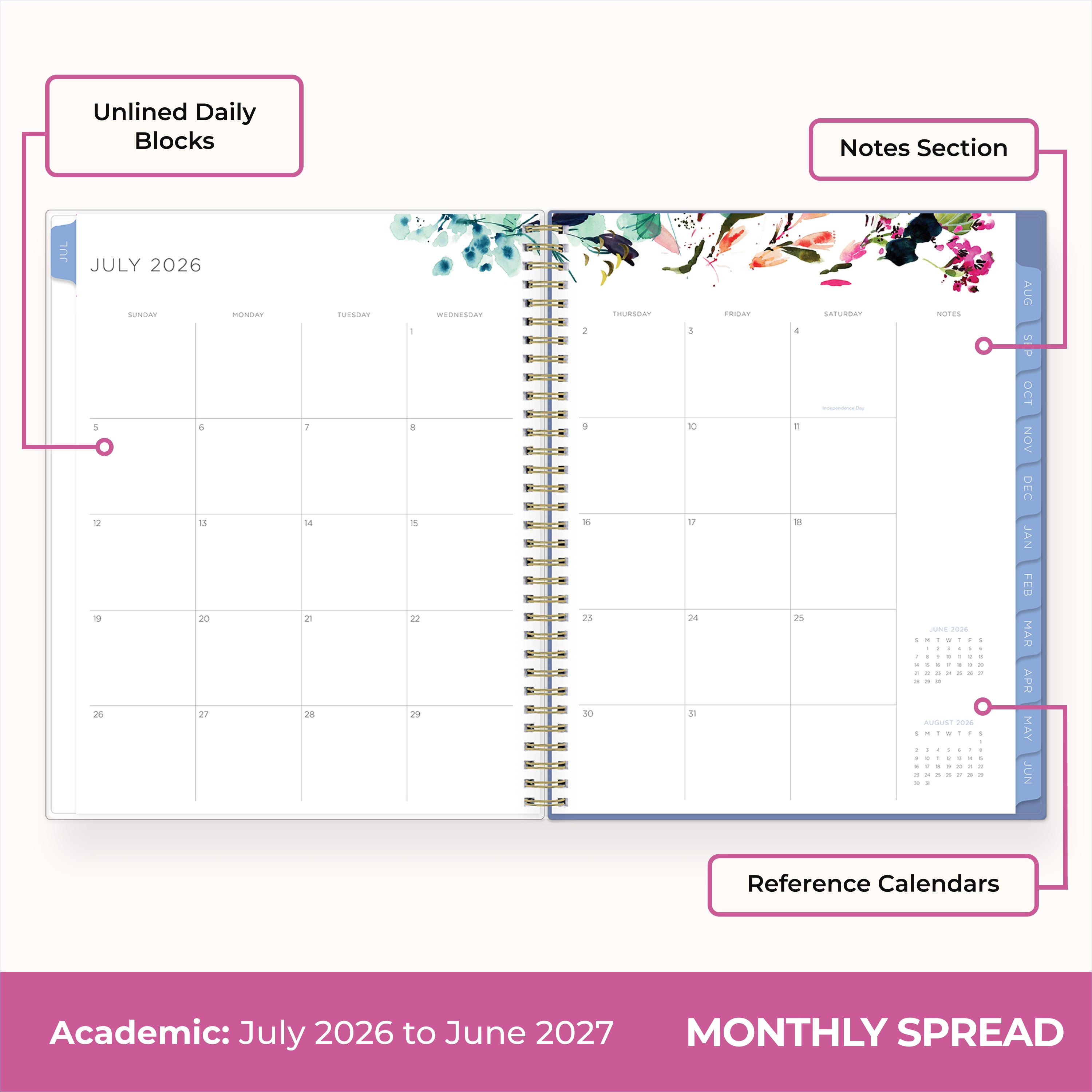 student planner has a monthly spread featuring ample writing space, daily blocks, notes section, reference calenadrs, and enough room for plannig the school year
