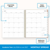 this july 2026 - june 2027 planner features a monthly spread with ample writing space for each day, monthly reference calendar, sections for note taking, bullet points, and check lists.
