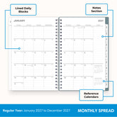2027 monthly spread featuring ample lined writing space for each date, notes section, reference calendars, and monthly tabs