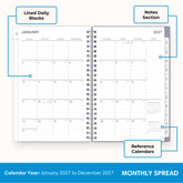 2027 monthly spread featuring ample lined writing space for each date, notes section, reference calendars, and monthly tabs