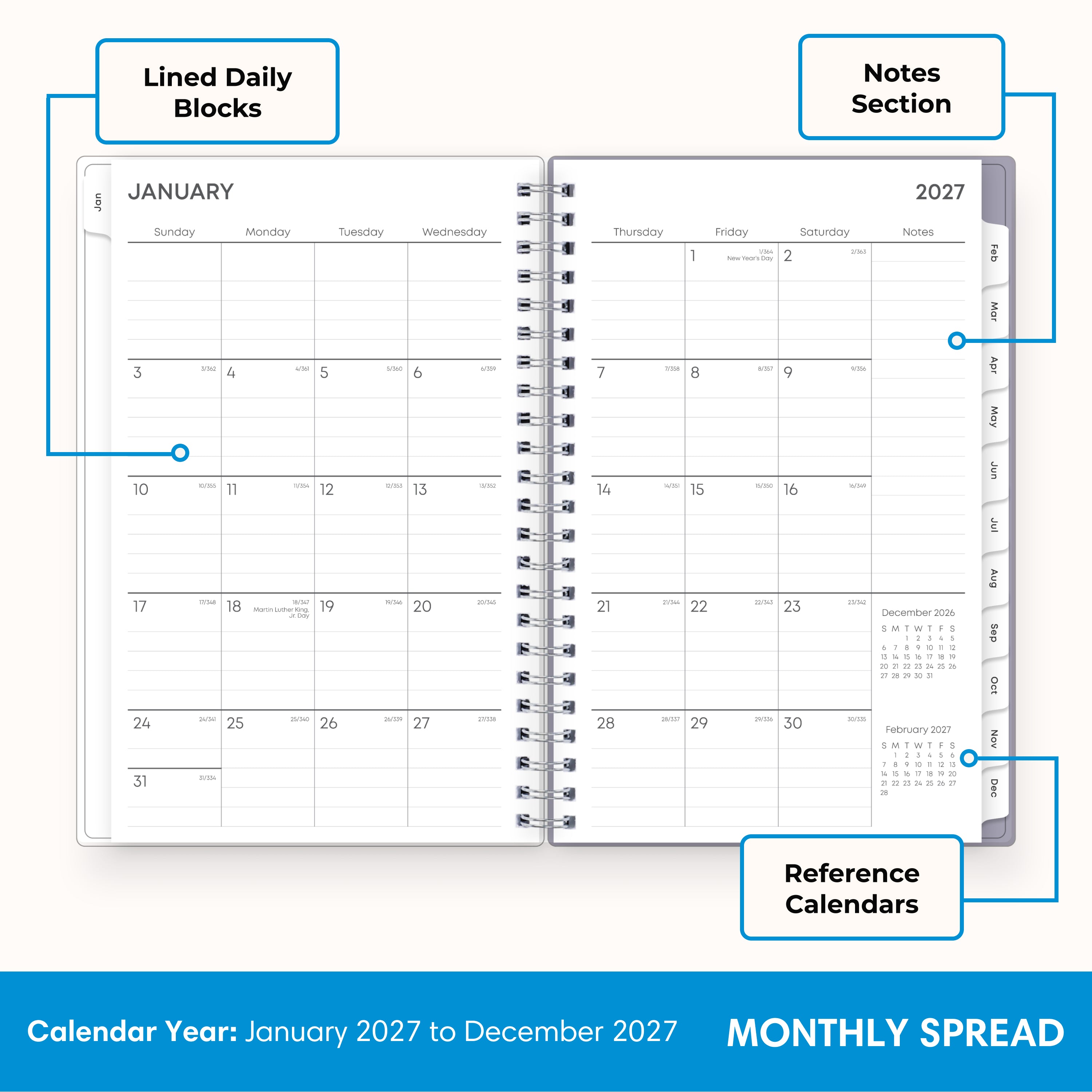 2027 monthly spread featuring ample lined writing space for each date, notes section, reference calendars, and monthly tabs