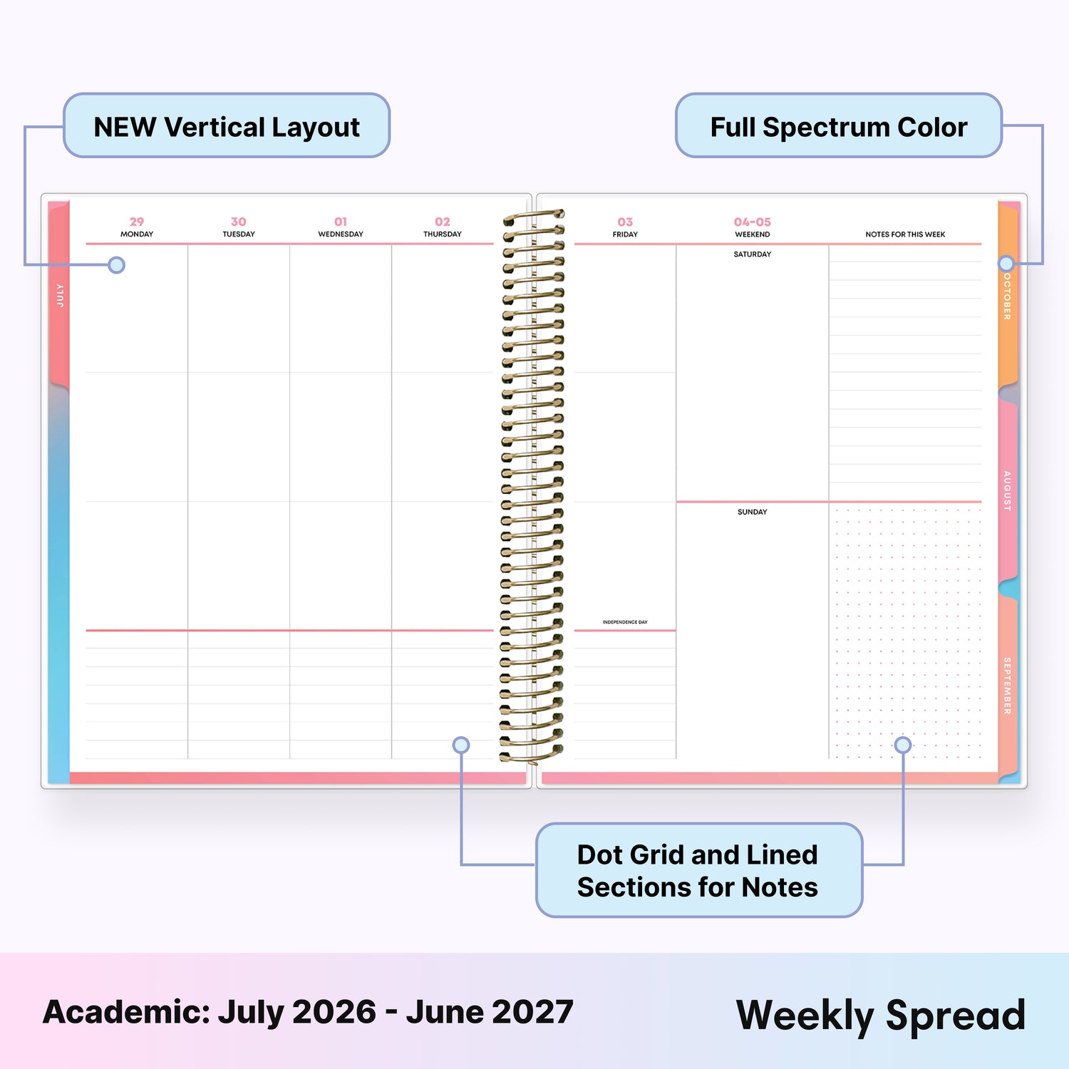 2026-2027 weekly spread featuring ample writing space, bullet points, to do-list, grid section, dotted, lined note taking