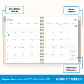 2027 monthly layout featuring lined writing space and organized sections for planning 8.5x11, notes section, and reference calendars