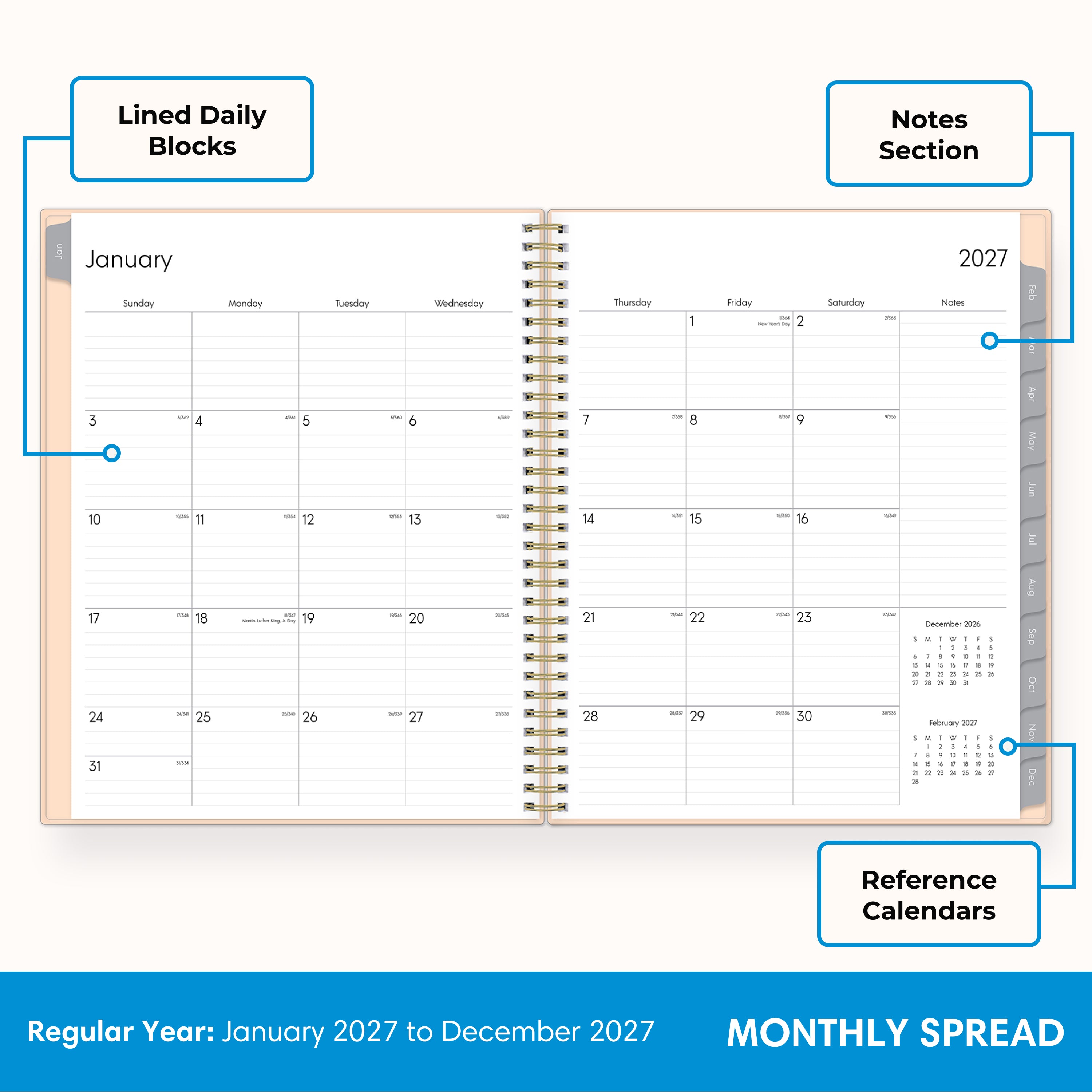 2027 monthly layout featuring lined writing space and organized sections for planning 8.5x11, notes section, and reference calendars