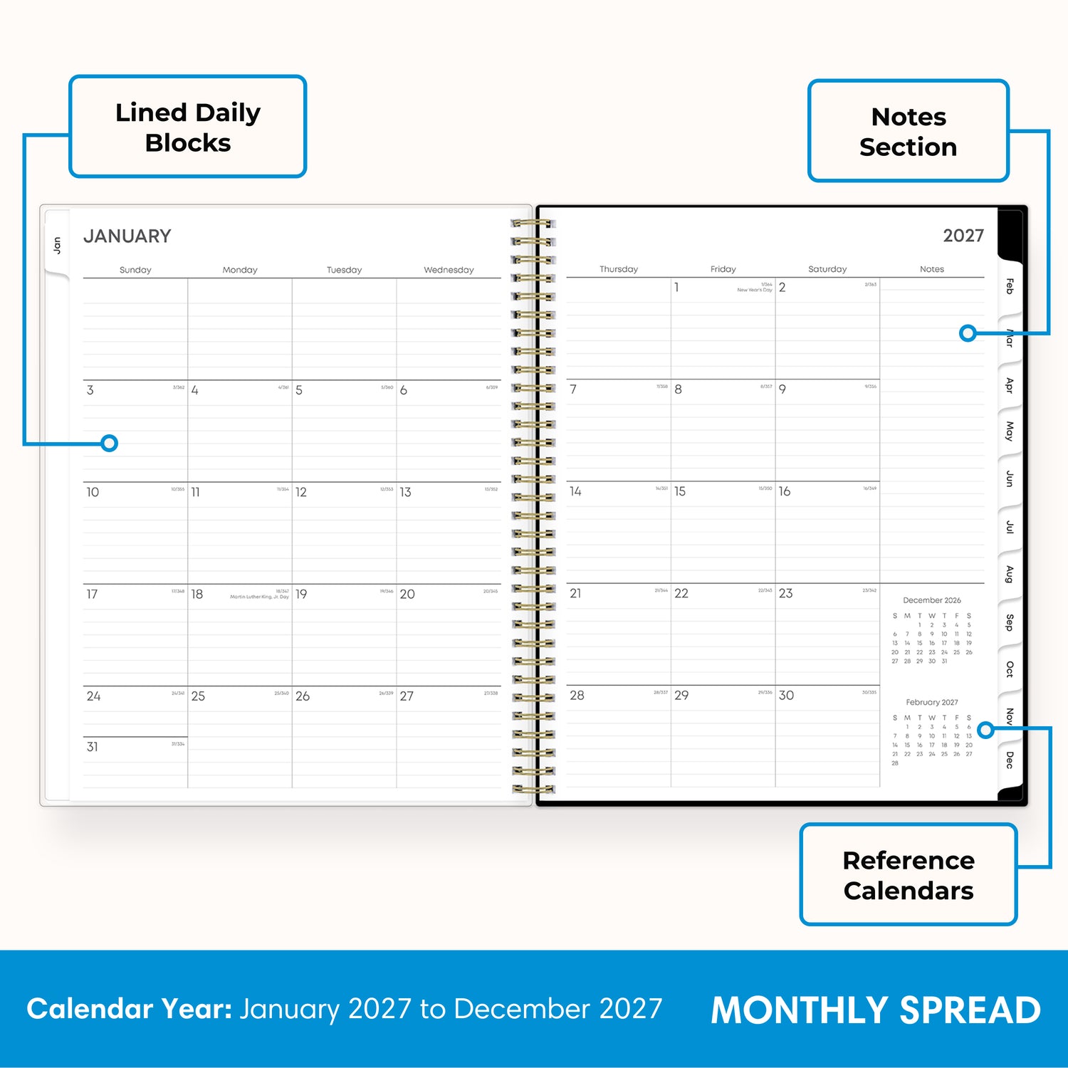 2027 monthly spread featuring ample lined writing space for each date, notes section, reference calendars, and monthly tabs