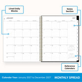 2027 monthly spread featuring ample lined writing space for each date, notes section, reference calendars, and monthly tabs