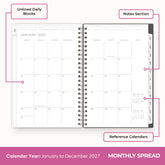 2027 monthly spread featuring ample lined writing space for each date, notes section, reference calendars, and monthly tabs