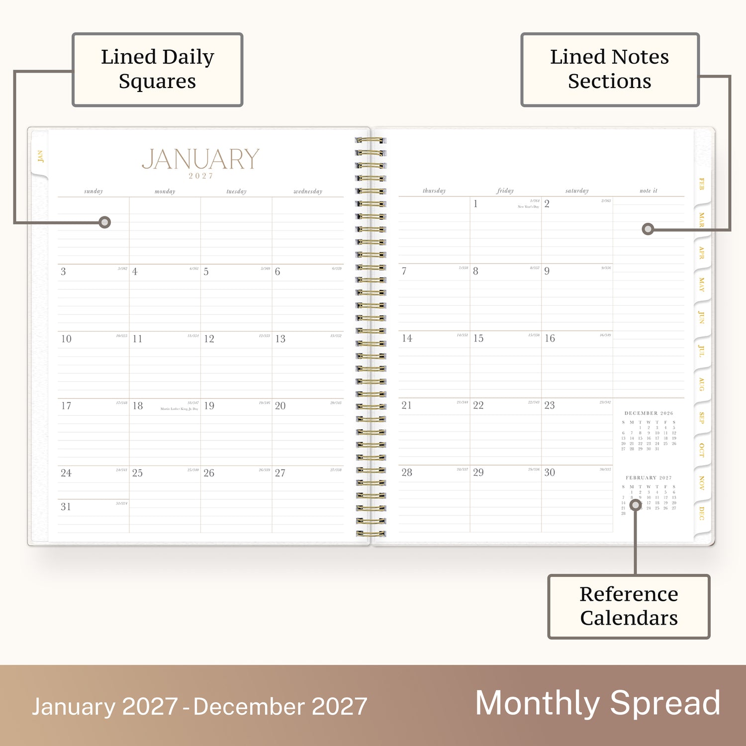 2027 monthly spread featuring ample lined writing space for each date, notes section, reference calendars, and monthly tabs