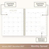 2027 monthly spread featuring ample lined writing space for each date, notes section, reference calendars, and monthly tabs