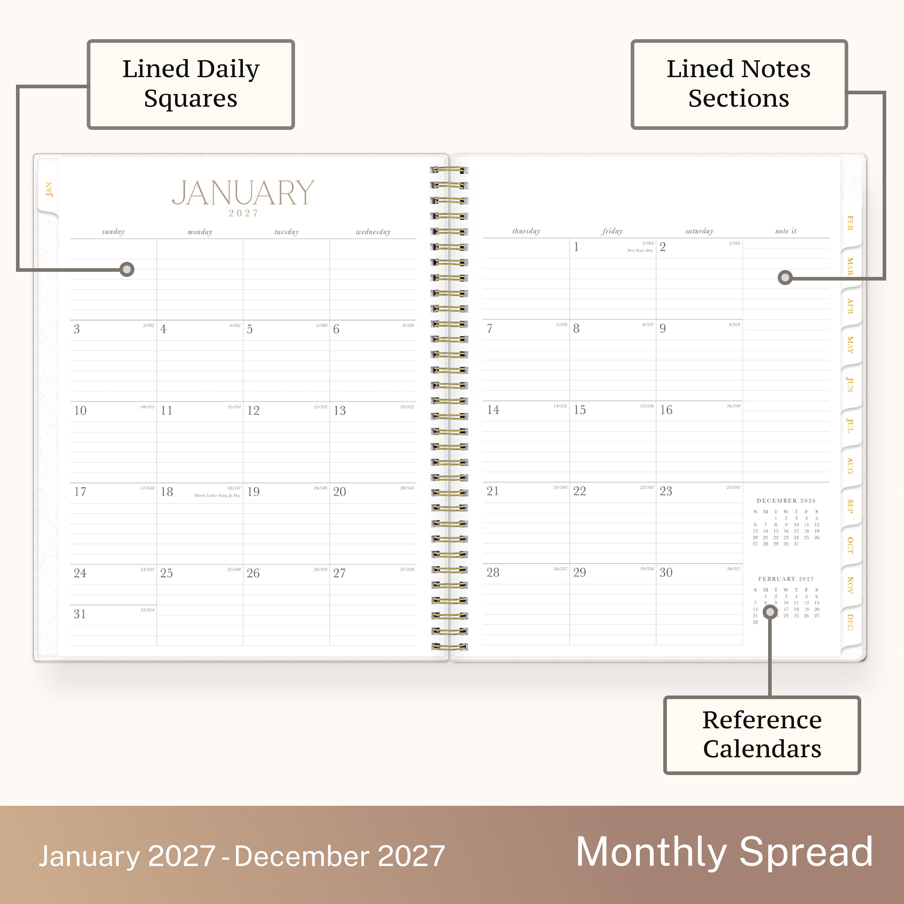 2027 monthly spread featuring ample lined writing space for each date, notes section, reference calendars, and monthly tabs