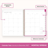 2027 monthly spread featuring ample lined writing space for each date, notes section, reference calendars, and monthly tabs