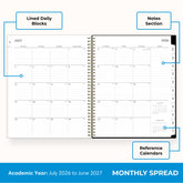 this july 2026 - june 2027 planner features a monthly spread with ample writing space for each day, monthly reference calendar, sections for note taking, bullet points, and check lists.
