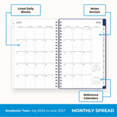 this july 2026 - june 2027 planner features a monthly spread with ample writing space for each day, monthly reference calendar, sections for note taking, bullet points, and check lists.
