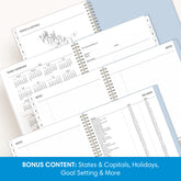planner features twin wire o binding, monthly tabs, and optimizing planning size