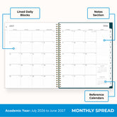 Full-size monthly calendar overview with spacious date boxes for appointments and events, lined writing space, and reference calendars