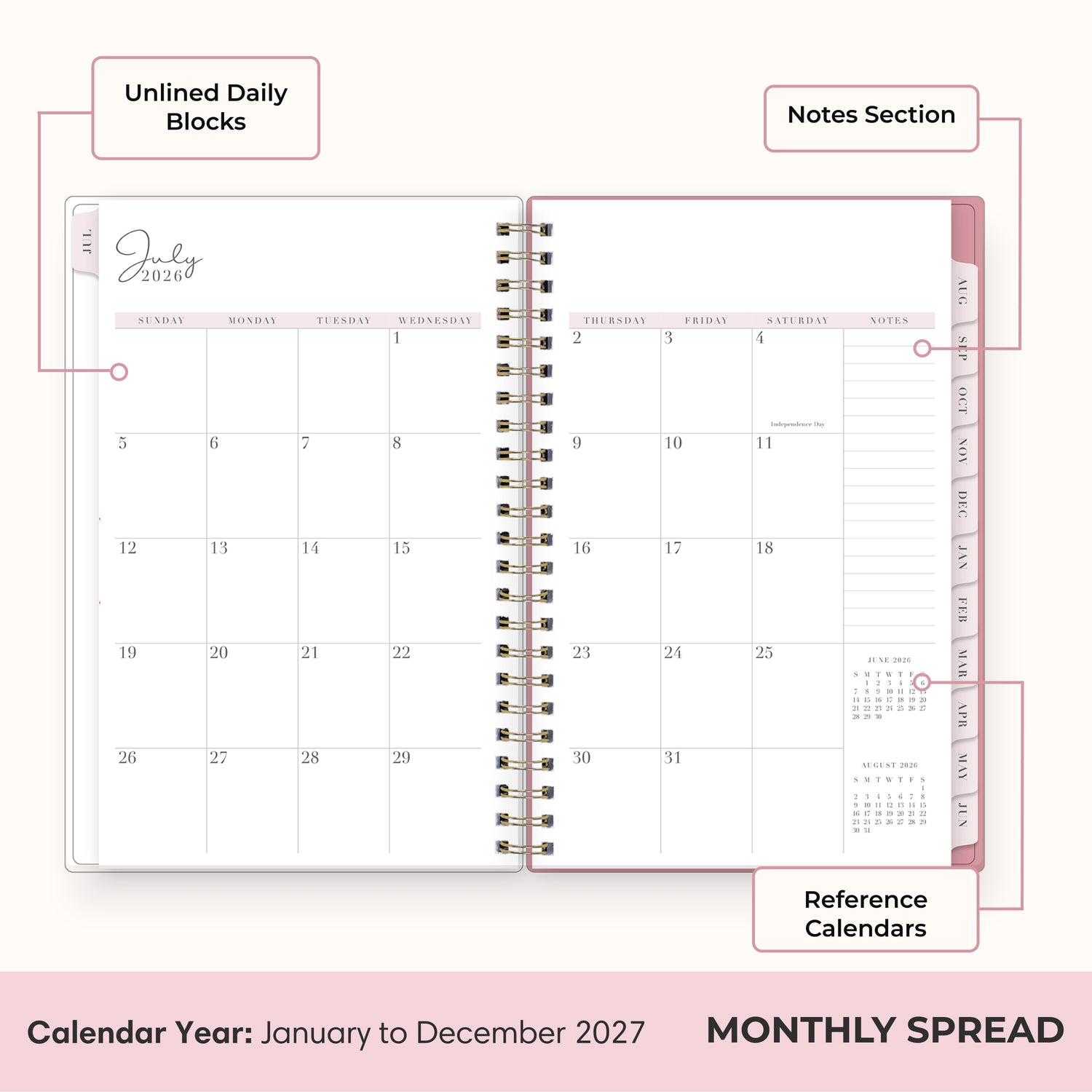2027 monthly spread featuring ample blank writing space for each date, notes section, reference calendars, and monthly tabs