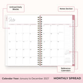 2027 monthly spread featuring ample blank writing space for each date, notes section, reference calendars, and monthly tabs