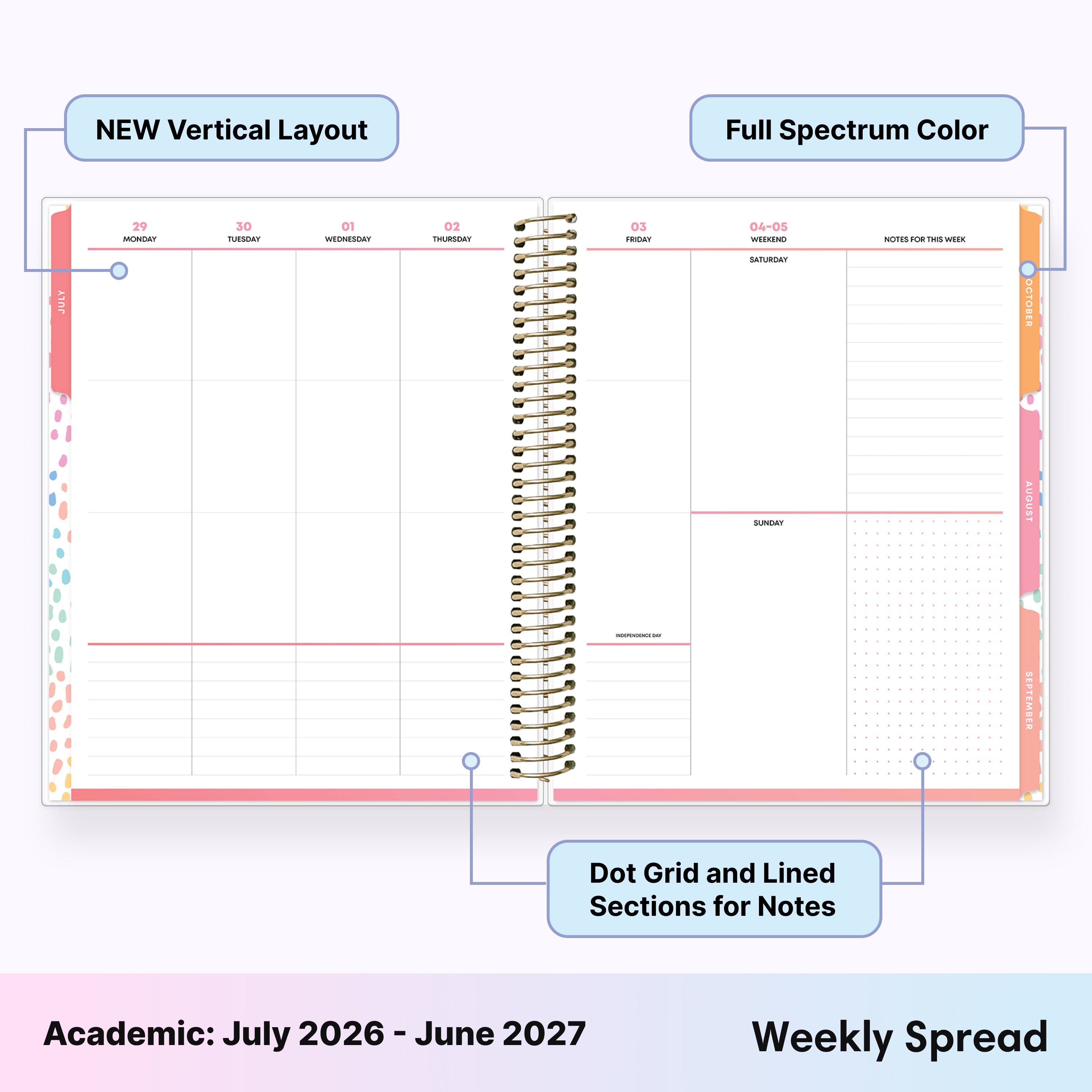 Planner with weekly spread design, dot grid, and lined sections on a white background. and multi colored tabs for planning