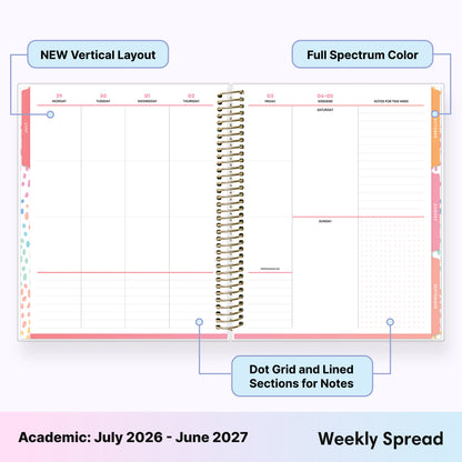 Planner with weekly spread design, dot grid, and lined sections on a white background. and multi colored tabs for planning