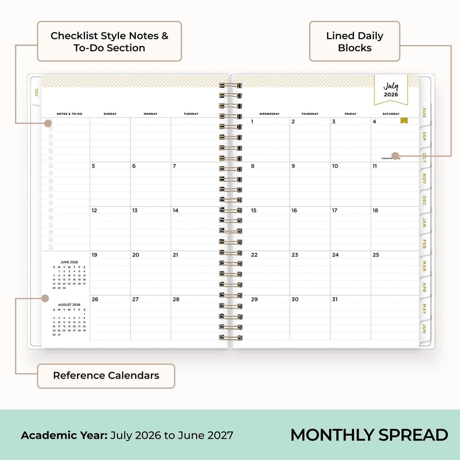 monthly spread featuring ample lined writing space, notes section, and reference calendars.