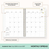 monthly spread featuring ample lined writing space, notes section, and reference calendars.
