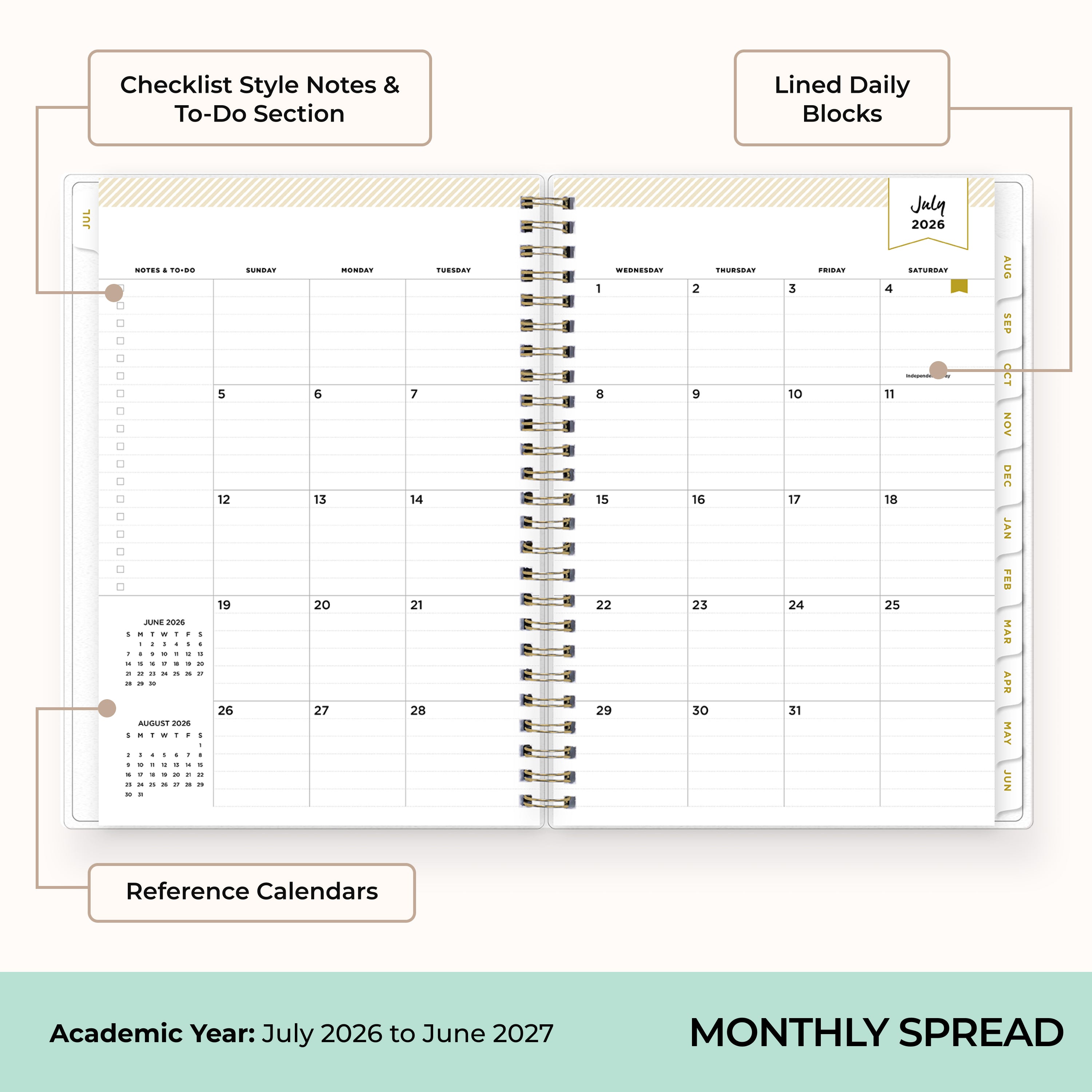 monthly spread featuring ample lined writing space, notes section, and reference calendars.