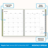 2027 monthly layout featuring lined writing space and organized sections for planning 8.5x11, notes section, and reference calendars