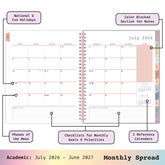 this july 2026 - june 2027 planner features a monthly spread with ample writing space for each day, monthly reference calendar, sections for note taking, bullet points, and check lists.
