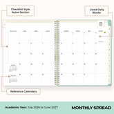 this july 2026 - june 2027 planner features a monthly spread with ample writing space for each day, monthly reference calendar, sections for note taking, bullet points, and check lists.
