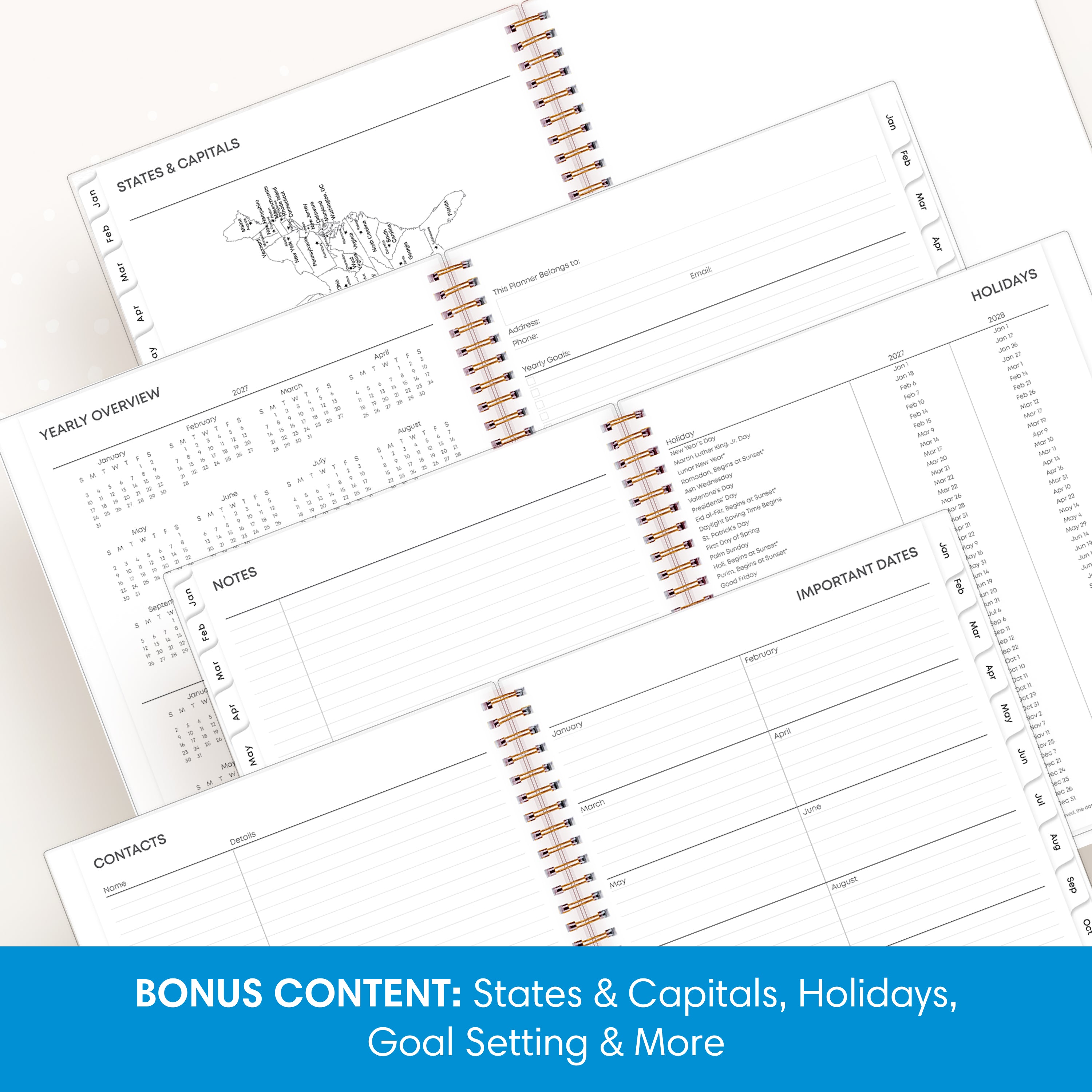 planner includes yearly overview, contacts, important dates, and holidays list