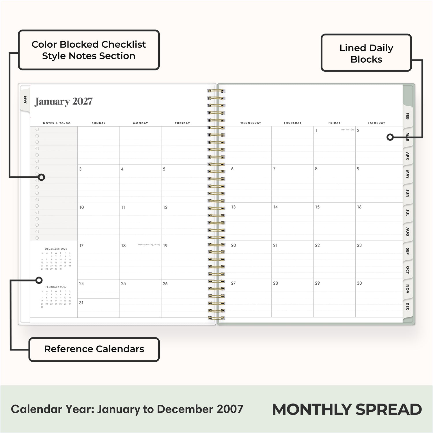 2027 monthly spread featuring ample lined writing space for each date, notes section, reference calendars, and monthly tabs