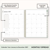 2027 monthly spread featuring ample lined writing space for each date, notes section, reference calendars, and monthly tabs