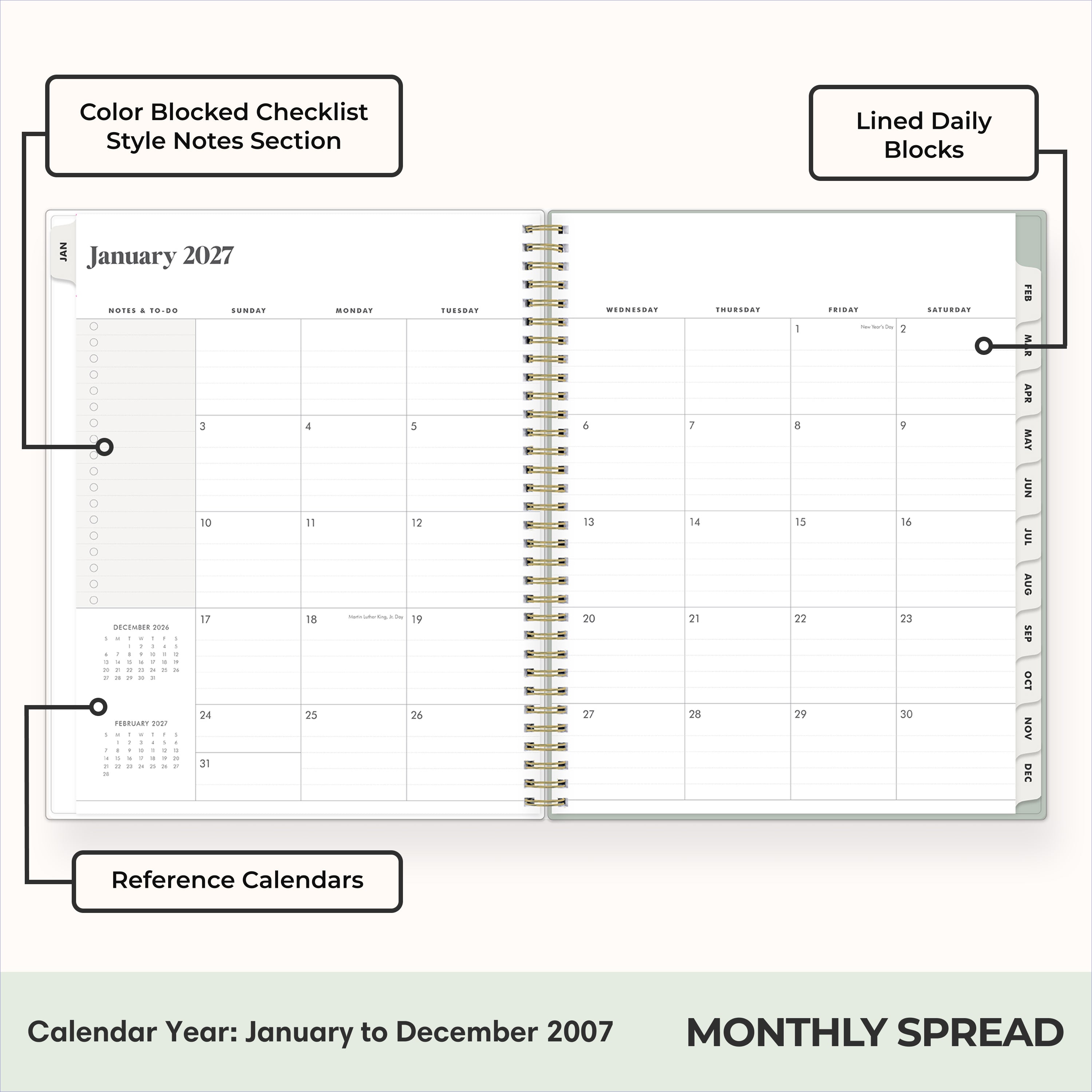 2027 monthly spread featuring ample lined writing space for each date, notes section, reference calendars, and monthly tabs