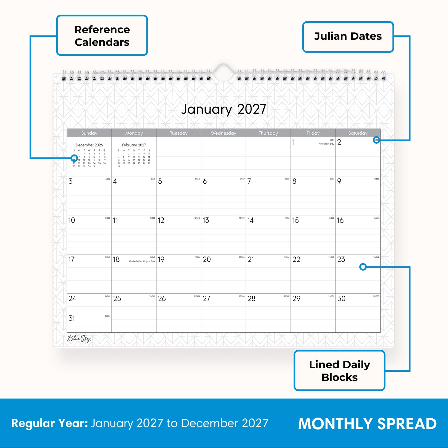 january 2027 - december 2028 wall calendar with professional background, lined writing space, 15x12, wall hook