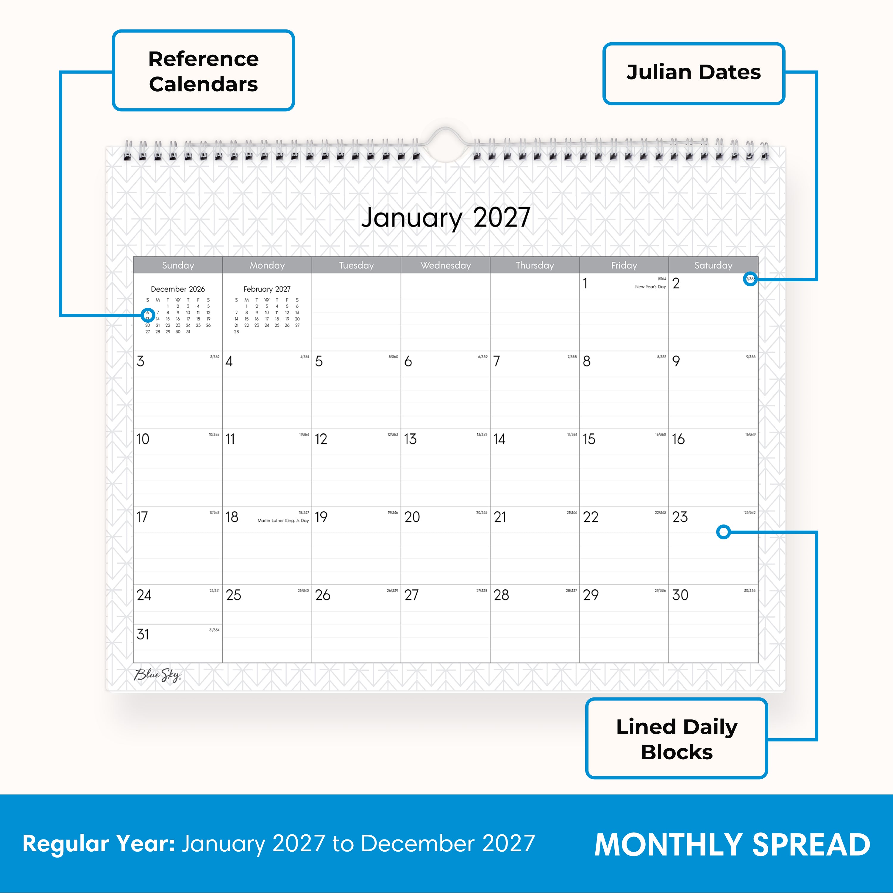 january 2027 - december 2028 wall calendar with professional background, lined writing space, 15x12, wall hook