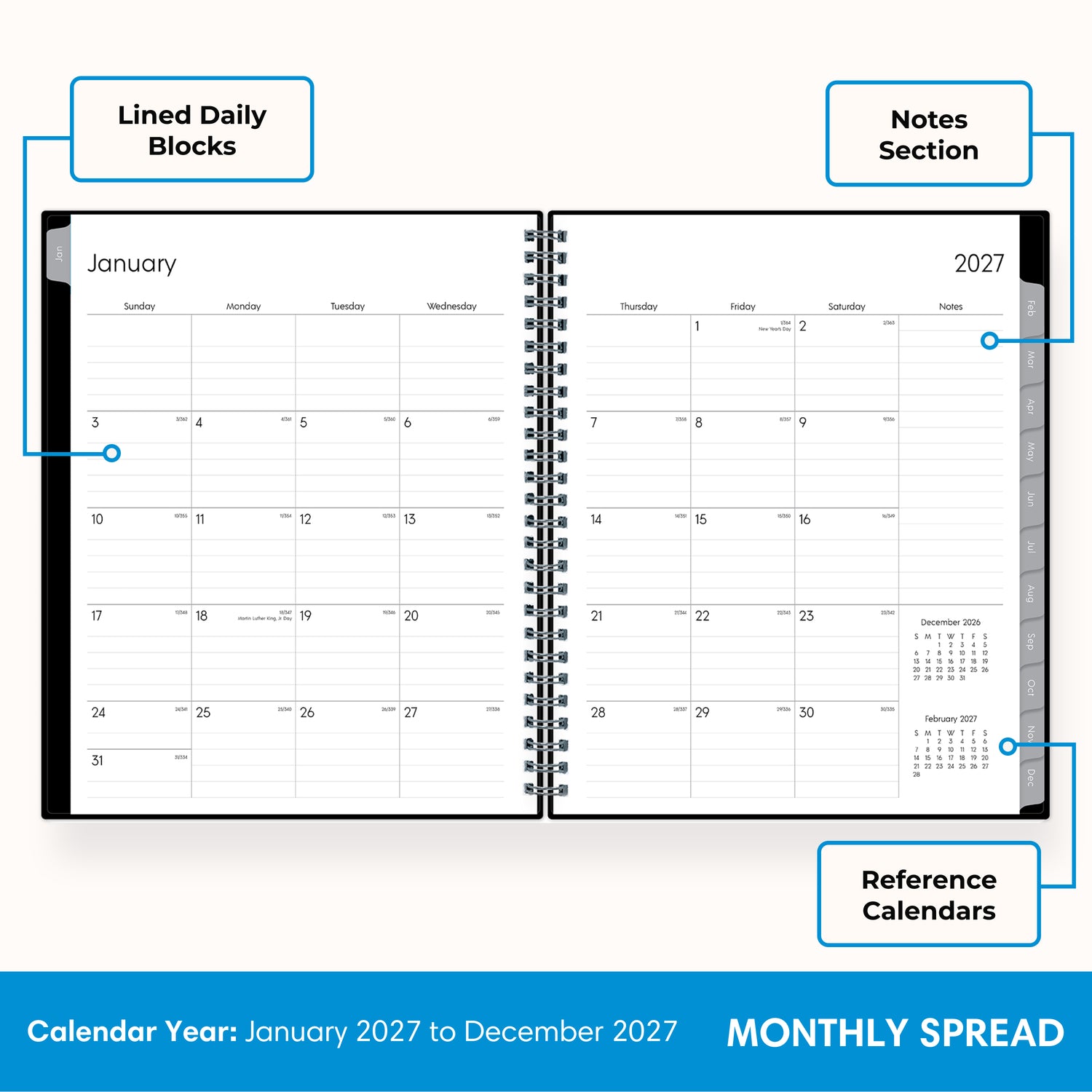 2027 monthly layout featuring lined writing space and organized sections for planning 7x9, notes section, and reference calendars