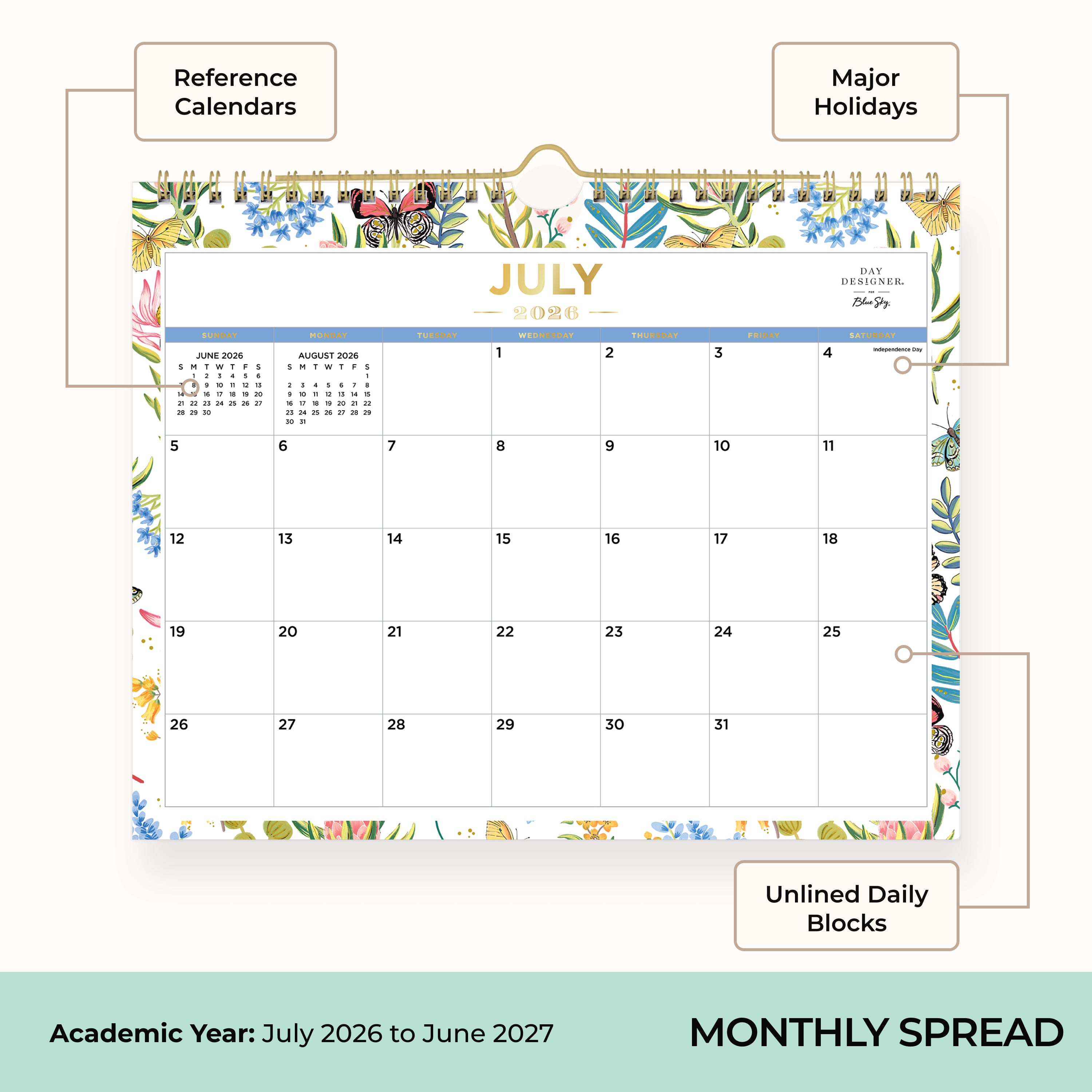 july 2026 - june 2027 wall calendar with butterfly border pattern
