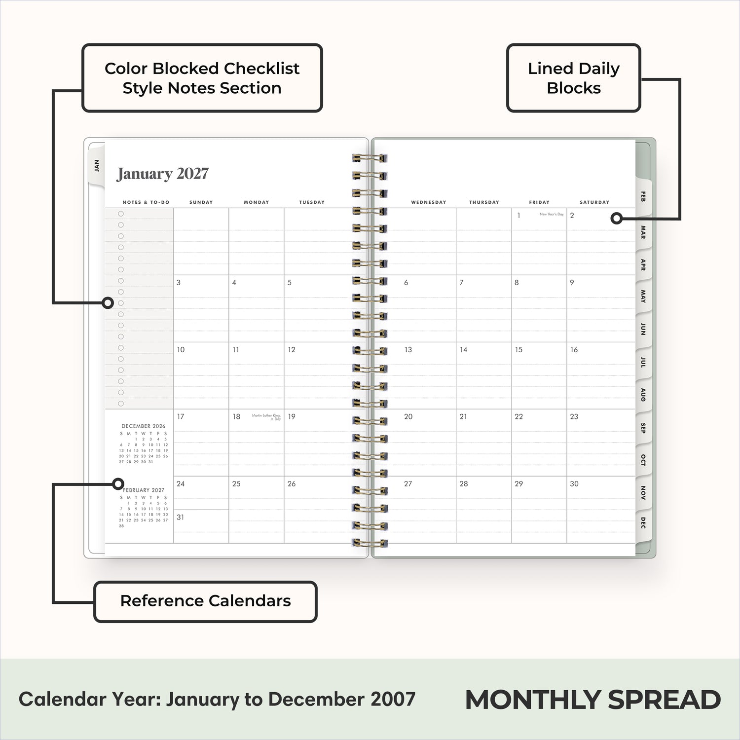 2027 monthly spread featuring ample lined writing space for each date, notes section, reference calendars, and monthly tabs