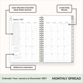 2027 monthly spread featuring ample lined writing space for each date, notes section, reference calendars, and monthly tabs