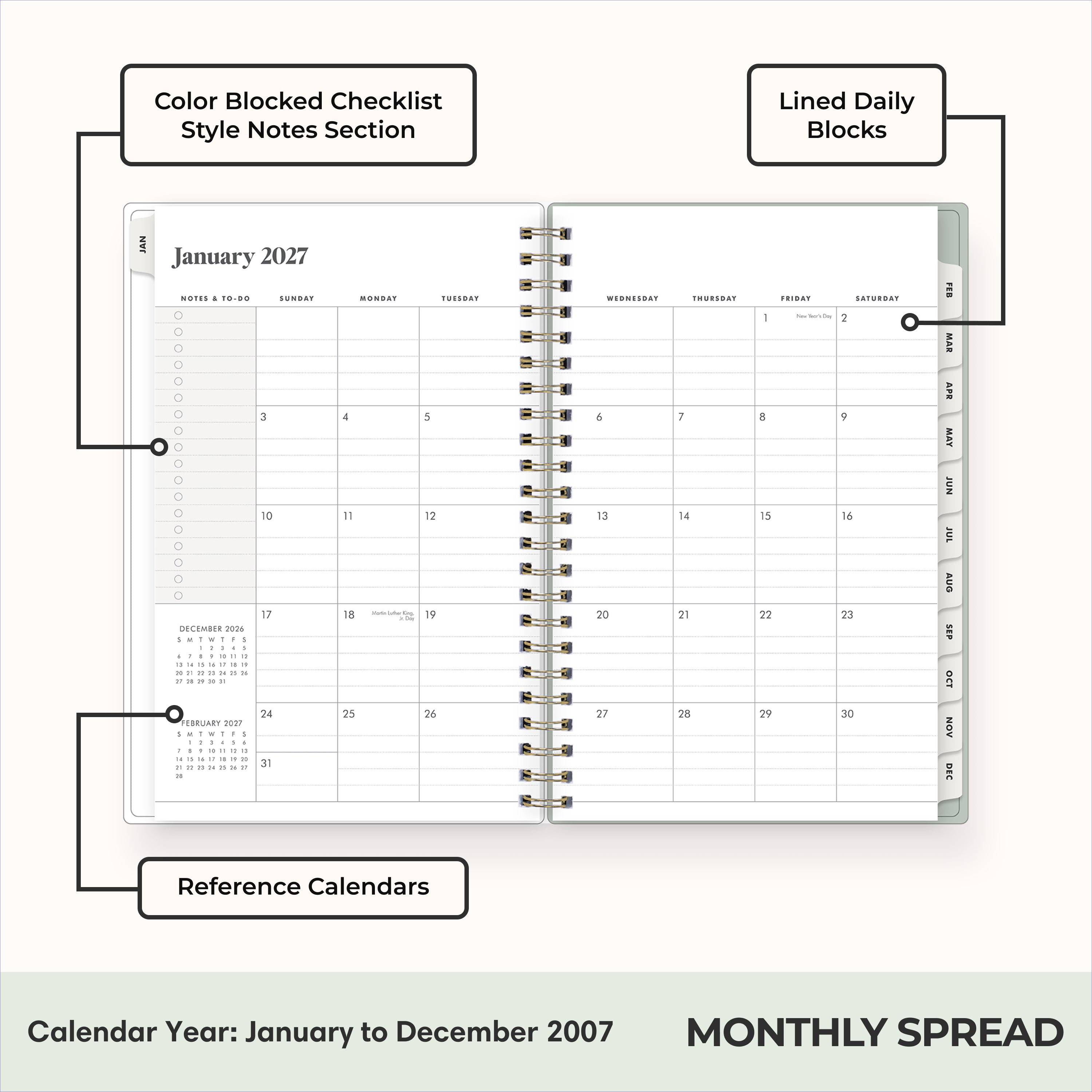 2027 monthly spread featuring ample lined writing space for each date, notes section, reference calendars, and monthly tabs