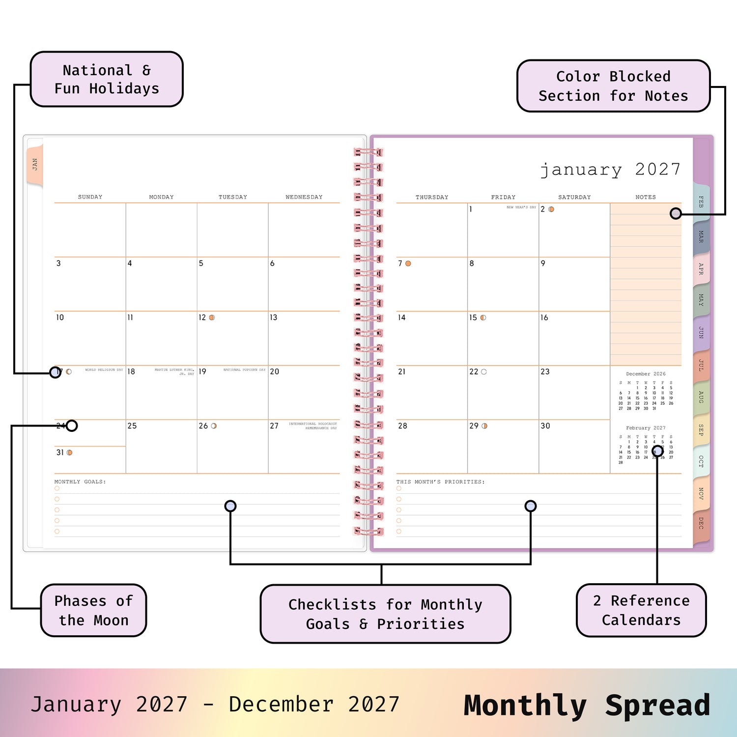 2027 monthly spread featuring ample lined writing space for each date, notes section, reference calendars, and monthly tabs