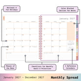2027 monthly spread featuring ample lined writing space for each date, notes section, reference calendars, and monthly tabs