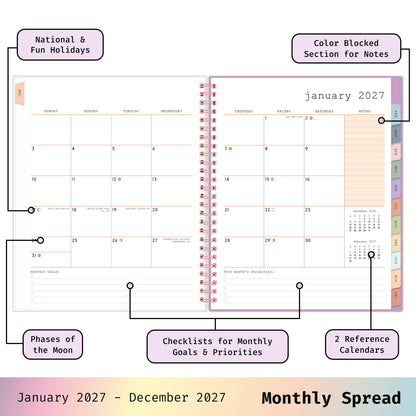 2027 monthly spread featuring ample lined writing space for each date, notes section, reference calendars, and monthly tabs