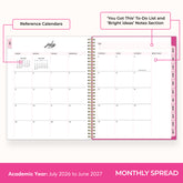 this july 2026 - june 2027 features a monthly spread with ample writing space for each day, monthly reference calendar, sections for note taking, bullet points, and check lists.
