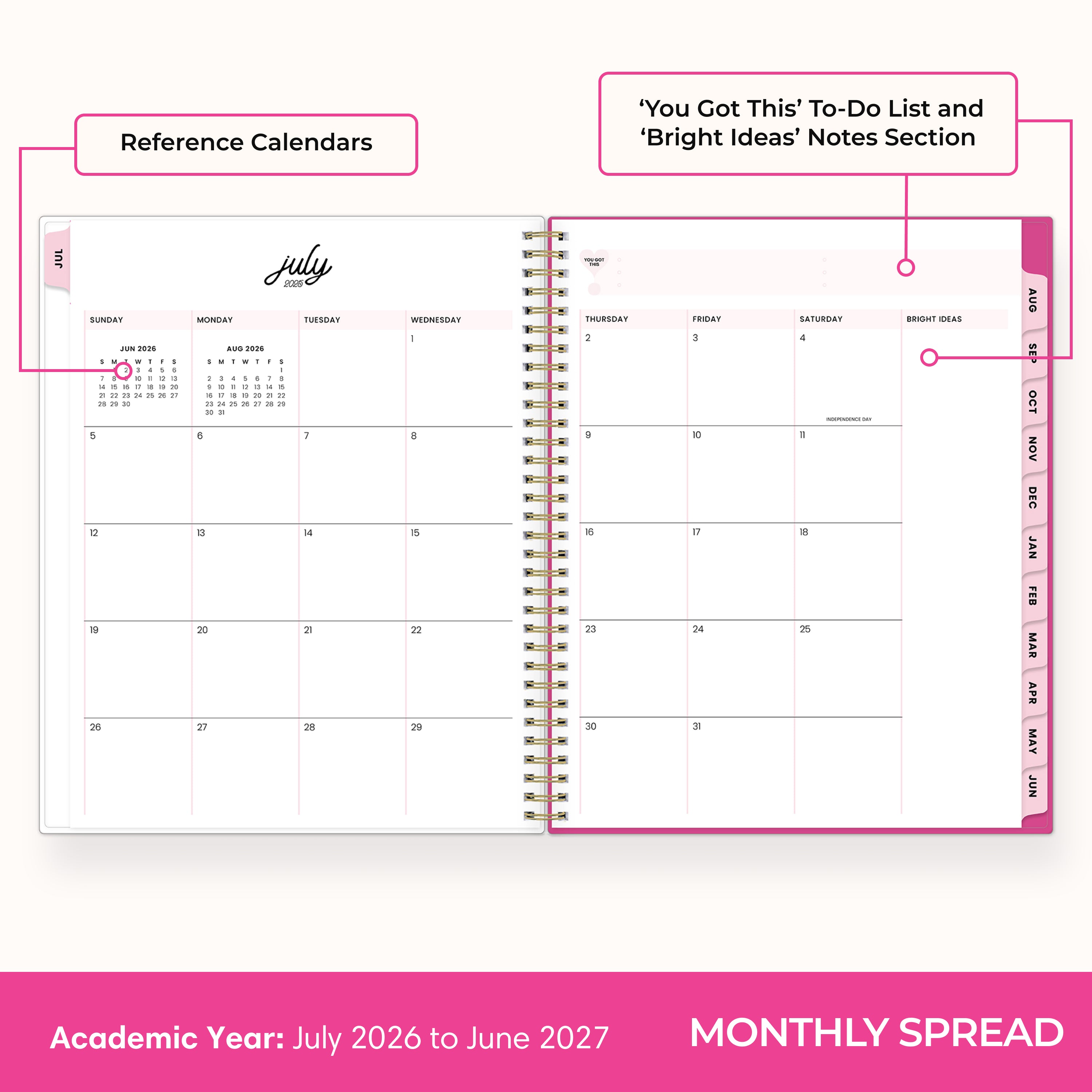 this july 2026 - june 2027 features a monthly spread with ample writing space for each day, monthly reference calendar, sections for note taking, bullet points, and check lists.
