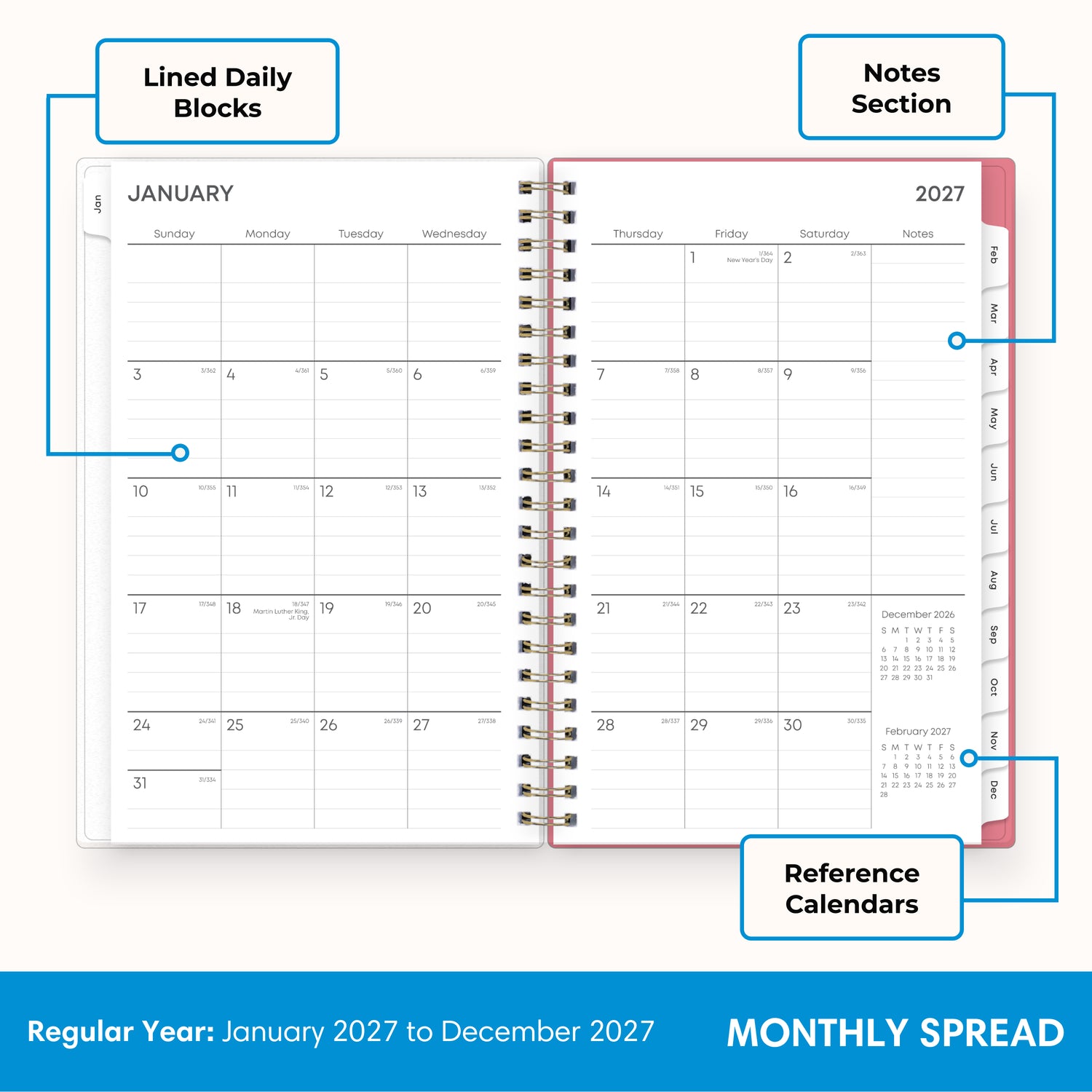 2027 monthly spread featuring ample lined writing space for each date, notes section, reference calendars, and monthly tabs