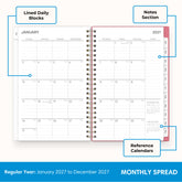 2027 monthly spread featuring ample lined writing space for each date, notes section, reference calendars, and monthly tabs