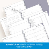 planner includes yearly overview, contacts, important dates, and holidays list