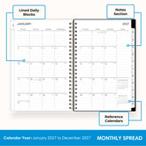 2027 monthly spread featuring ample lined writing space for each date, notes section, reference calendars, and monthly tabs